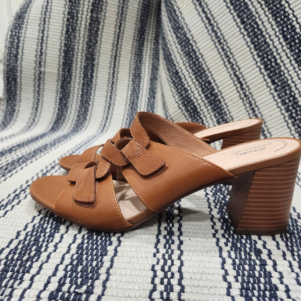 Clarks Collection Tan Leather Multi Strap Block Heel Slide Sandals Women 8.5 M - Picture 5 of 13